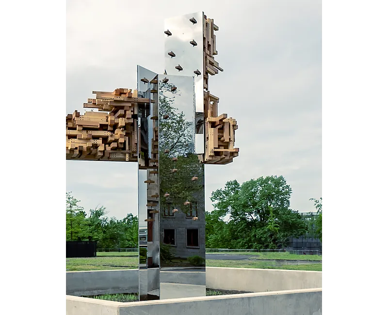 Stainless steel and wood art installation